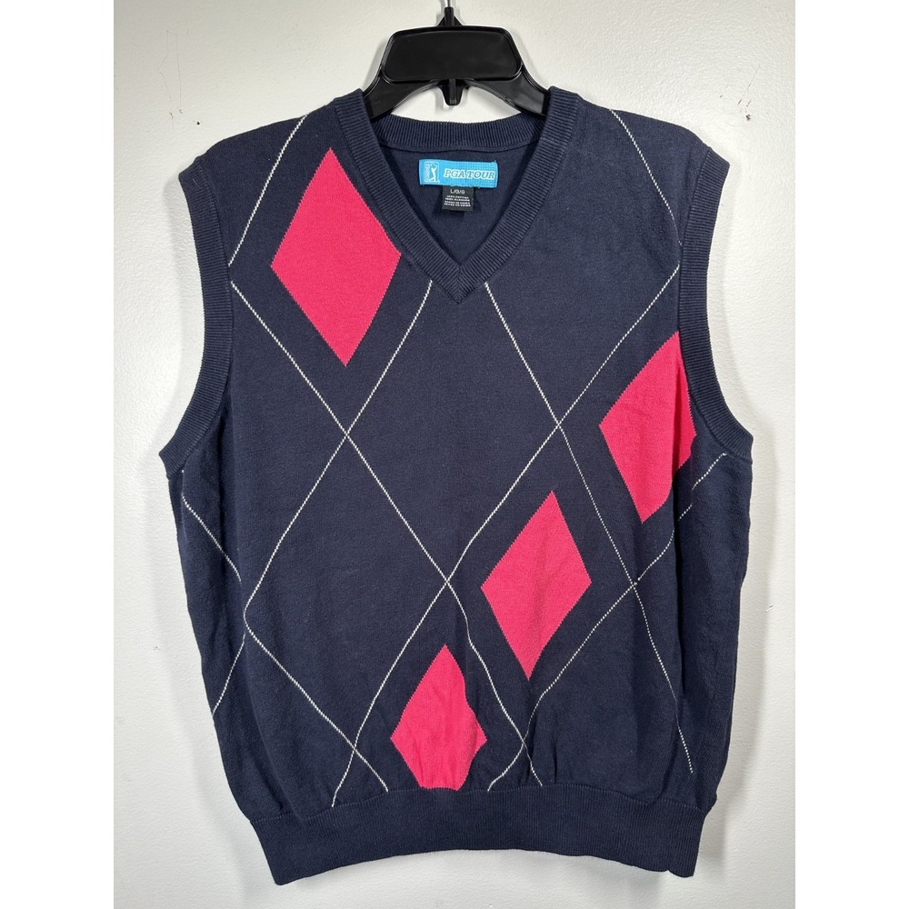 PGA Tour Large Mens Golf Sweater Vest Argyle Navy Blue Sleeveless 100% Cotton